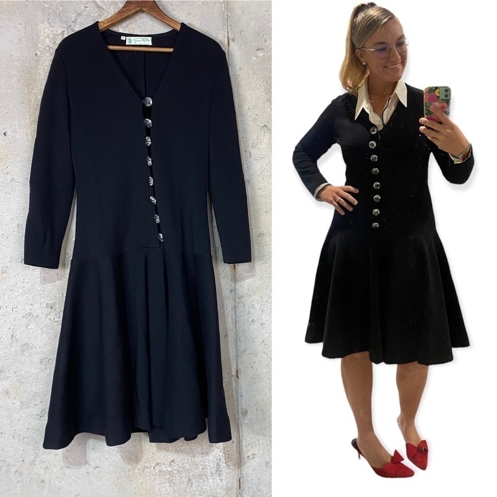Vintage 60s Gino Paoli black wool knit long sleeve drop waist fit flare dress